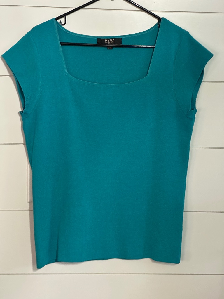 Alex Marie Petite Xl Teal Knit Top Square Neck Short Sleeve Career Blouse